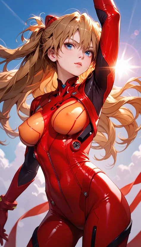 Asula langley, red plugsuit costume Large breasts,clothed,Lens Flare, Large breasts, erect nipples 