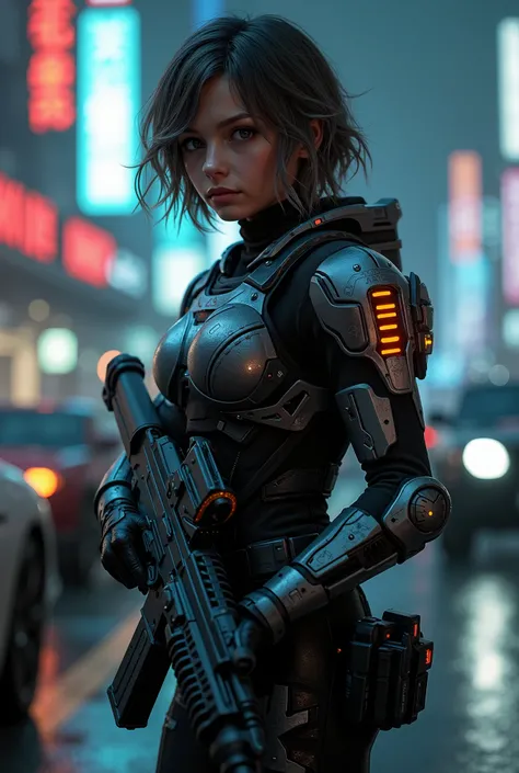 An ultra realistic full body image of a futuristic special forces, young girl with short wavey hair, skin tight full body armour with light gauges, futuristic machine gun with lit power gauges, utility belt, (((Background is futuristic dystopian buildings ...