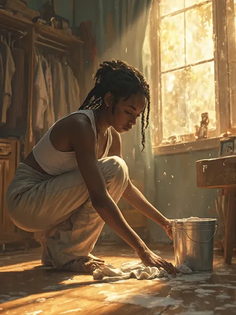 (Photorealistic, elaborate details (1:2), best quality, ultra-detailed, cinematic illustration, dramatic lighting:1.2)  

Illustration of a **brown-skinned African woman** with **long, intricately woven braids** is deep in thought as she cleans. She wears ...