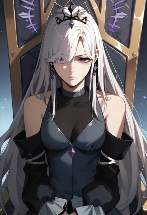 1girl,solo,sittng on the throne,long hair, white hair, purple eyes, bare shoulders, mole under eye, bangs, hair over one eye,
dress, jewelry, detached sleeves, earrings, black pantyhose, tiara, crown, hair ornament,