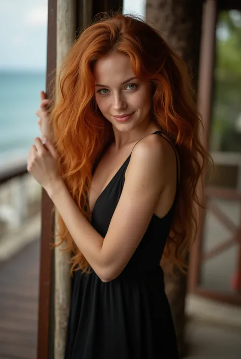 8k, RAW photography of Madelaine Petsch, full body shot, shot taken from far of a beautiful redhaired woman, The model is wearing little black dress, on the beach, Bali, Indonesia, green eyes, skin with pores, light freckles, detailed skin, detailed face, ...