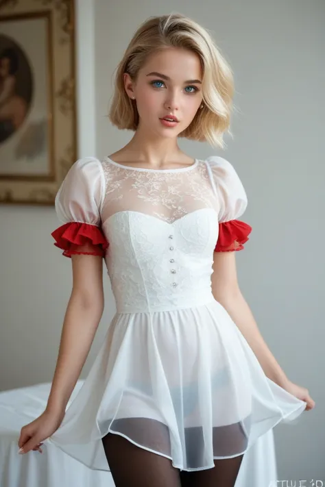 (realistic 3d style:1.5),(model body and face:1.5),
( 1girl, cut hair, blue eyes, blonde hair, short sleeves, pantyhose big white dot puffy red sleeves dress see-through, blue ,  parted lips, ( girl tiny small little young:1.5),