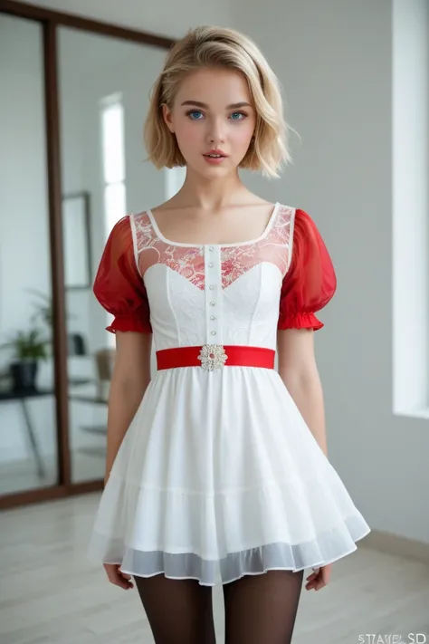 (realistic 3d style:1.5),(model body and face:1.5),
( 1girl, cut hair, blue eyes, blonde hair, short sleeves, pantyhose big white dot puffy red sleeves dress see-through, blue ,  parted lips, ( girl tiny small little young:1.5),