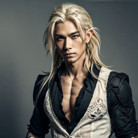 1 male elf,  Japanese man elf, male, Asian eyes, muscular, broad shoulders, tattoos, hairstyle Visual Kei style, hair Visual Kei, black men's shirt and black pants, ultra detailed face and eyes, hyperrealistic, realistic representation, long hair, long hai...