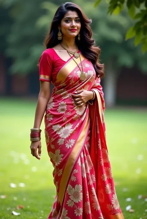 Indian Wife with a huge round and long cleavage line visible in a folded saree, floral saree, HDR, 8k, hyperdetailed, best quality, ultra-high resolution, HDR, curved body, 8k, walking on the lawn , look at viewer, having perfect breasts, ( perfect anatomy...