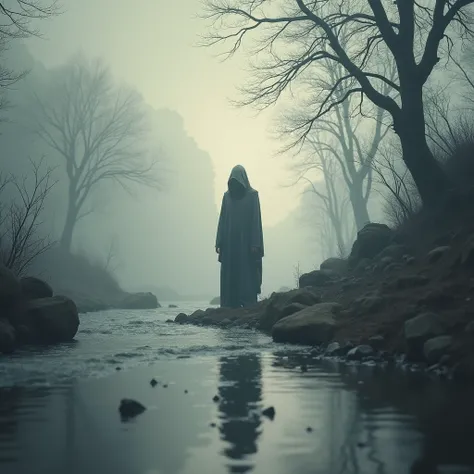  A surreal mixed-media masterpiece featuring a hooded figure standing on the bank of a river and shrouded in fog.  His hooded face is hidden in the shadow  , Where a bright and ethereal river flows , bordered by trees and rocks from another world.  The sur...