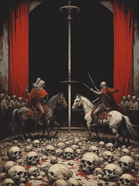 Lots of skulls on the floor, floor repleted of skulls where a sword duel happens between templars and rebels, painting medium, dark art on black, red and white colors, highly detailed impressionism painting, battle fight, warriors, horses, swords, templars...