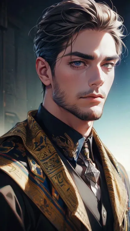 (       High Quality. ,4K,8k,       highres,       masterpiece :1.2),       ultra-detailed    ,(realistic,photorealistic,photo-realistic:1.37),36-year-old man,10-day beard,Beautiful anime,Portraits,strong,Masculine,   with dark gray hair  ,sharp jaw,      ...