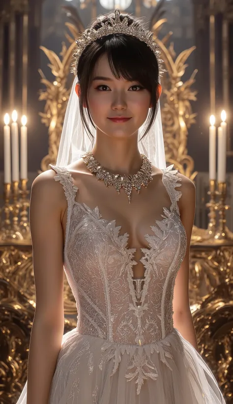 (((best quality))),(((ultra detailed))),(((masterpiece))),illustration,a girl,slim,bun,alluring,sexy,charming,smile,crystal necklace,white lace wedding dress, big breasts, hourglass figure, Set the scenario in a luxury church full of gold details, night sc...