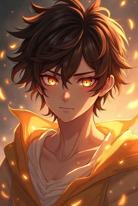 Create an anime boy character with chocolate hair with brown firing eye and glowing skin 