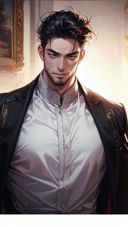 (       ,4K,8k,           highres,           masterpiece :1.2),           ultra-detailed    ,(realistic,photorealistic,photo-realistic:1.37),36-year-old man,3 day beard,Beautiful anime,Portraits,strong,Masculine,            with black hair  ,sharp jaw,    ...