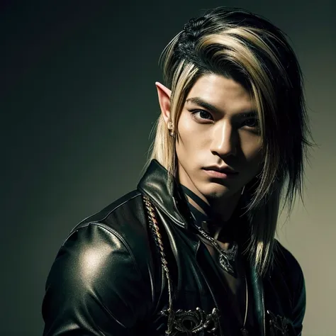 1 male elf,  Japanese man elf, male, Asian eyes, muscular, broad shoulders, tattoos, hairstyle Visual Kei style, hair Visual Kei, black men's shirt and black pants, ultra detailed face and eyes, hyperrealistic, realistic representation, long hair, long hai...