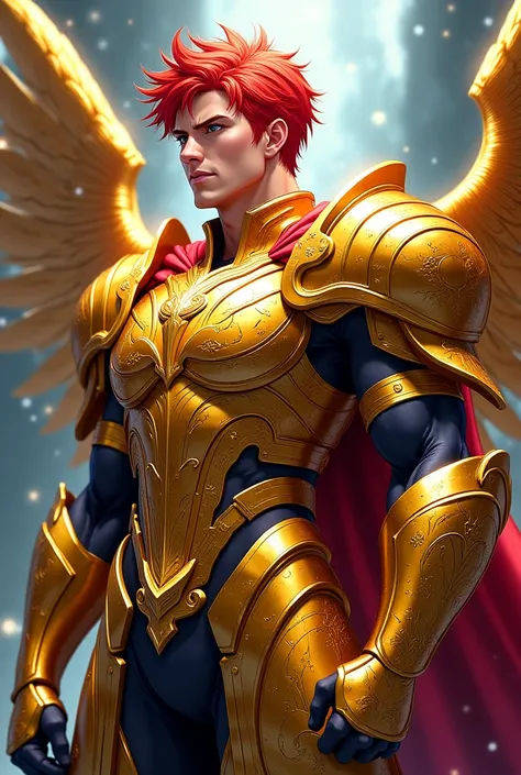  Digital illustration , anime,  Red haired man,  sagittarius armor, gold armor with gold-plated metal wings, Grego