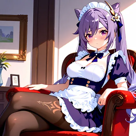 8k,masterpiece, best quality, ultra detailed, high resolution, super fine illustration,Keqing (Genshin impact), 1girl, solo, blush,purple eyes, purple hair, cone hair bun, double bun, braided bangs, long hair, medium breasts, maid headdress, maid uniform, ...