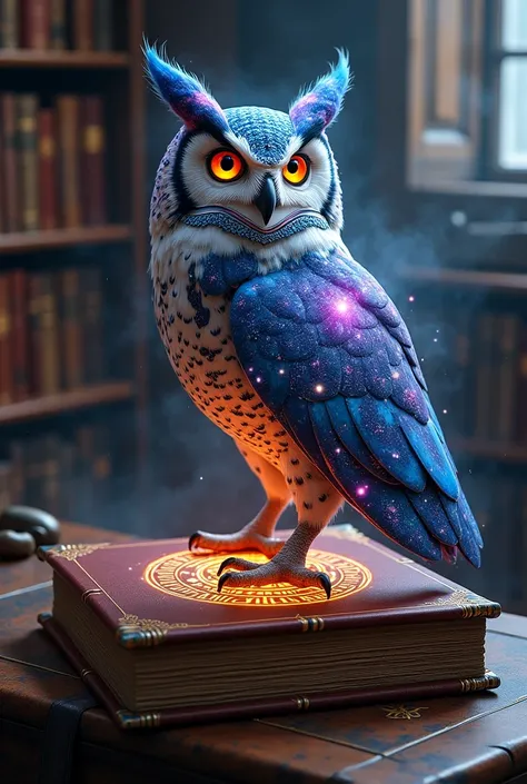 
  "An owl with cosmic-themed feathers that shimmer with galaxies and stardust, perched atop an ancient, glowing rune-covered book in a mystical library."
