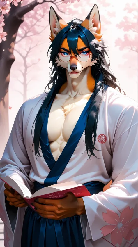 Park, sunny, japan, cherry blossom, male blue eyes、male long black hair, solo furry, tan fur male furry with muscular body, glasses, Artistic, fox snout, professional lighting、 super detailed depiction of Artwork, long hair, flowy hair、super detailed furry...