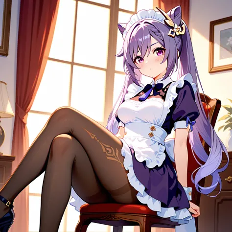 8k,masterpiece, best quality, ultra detailed, high resolution, super fine illustration,Keqing (Genshin impact), 1girl, solo, blush,purple eyes, purple hair, cone hair bun, double bun, braided bangs, long hair, medium breasts, maid headdress, maid uniform, ...