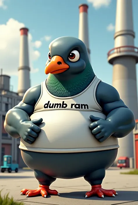 Pumped up pigeon, with big biceps, with a huge fat belly, he has a white tank top,  on Mike wrote "dumb ram", the pigeon strokes its belly with inflated hands. behind the pigeon is a large factory