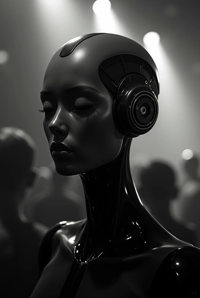  head of an android  , With a nightclub in the background. l'image doit être à dominance noire et blanche
