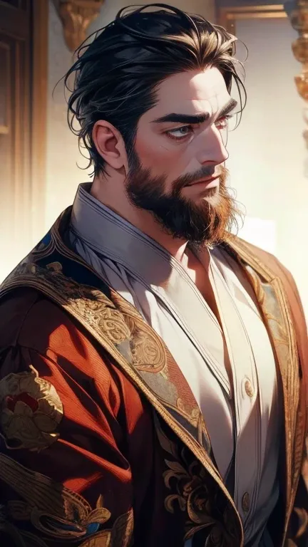 (       ,4K,8k,           highres,           masterpiece :1.2),           ultra-detailed    ,(realistic,photorealistic,photo-realistic:1.37),36-year-old man,3 day beard,Beautiful anime,Portraits,strong,Masculine,            with black hair  ,sharp jaw,    ...