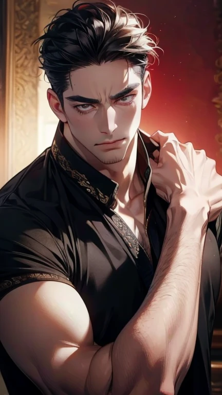 (       ,4K,8k,           highres,           masterpiece :1.2),           ultra-detailed    ,(realistic,photorealistic,photo-realistic:1.37),36-year-old man,3 day beard,Beautiful anime,Portraits,strong,Masculine,            with black hair  ,sharp jaw,    ...