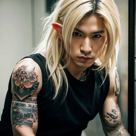 1 male elf,  Japanese man elf, male, Asian eyes, muscular, broad shoulders, yakuza tattoos, hairstyle Visual Kei style, hair Visual Kei, black men's shirt and black pants, ultra detailed face and eyes, hyperrealistic, realistic representation, long hair, l...