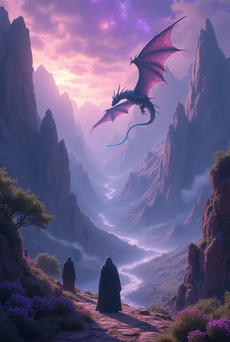  Fantasy landscape of a magical world full of dragons and mages with enchanted mountains, purple sky and many mysterious stars 