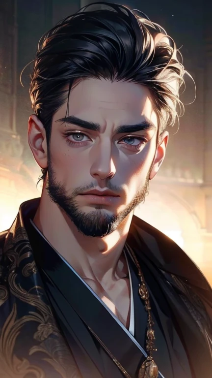 (       ,4K,8k,           highres,           masterpiece :1.2),           ultra-detailed    ,(realistic,photorealistic,photo-realistic:1.37),36-year-old man,3 day beard,Beautiful anime,Portraits,strong,Masculine,            with black hair  ,sharp jaw,    ...