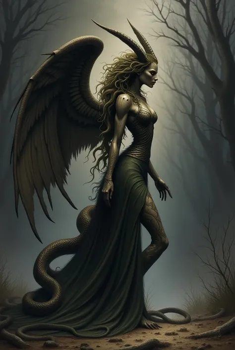  a winged mythical creature with the head of a woman, The body of &#39; a goat ,   and the tail of a snake  ,  Detailed realistic painting ,  photo,  masterpiece , 8K, ultra-detailed, Photorealistic, dramatic lighting, mystique, fantasy,  surreal , sombre,...