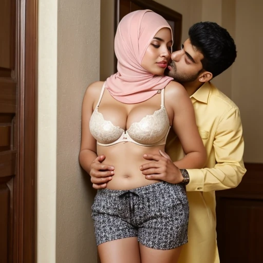 A hot Pakistani Muslim Hijabed curvy graceful lady of 45 age wearing hijab over head, bra and a salwar by showing her navel thighs and cleavage , she is leaning on the wall. a 18 age  Pakistani Muslim Boy is wearing a shorts hugging her and kissing her fro...