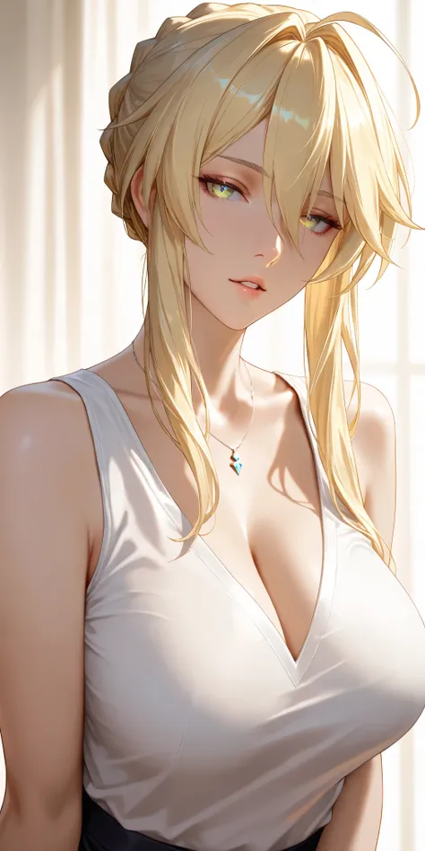 Masterpiece, very aesthetic, vibrant, high contrast, elegant mature woman, artoria pendragon (lancer) (fate), upper body, curvaceous,sleeveless shirt, v-neck, seductive, parted lips, soft light, best quality, semrealistic, honkai: star rail cg style