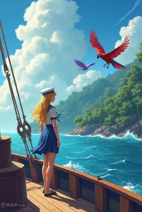 Blonde woman sailor on the ship going to the forest, Red macaw and purple pigeon flying over the blue sky 