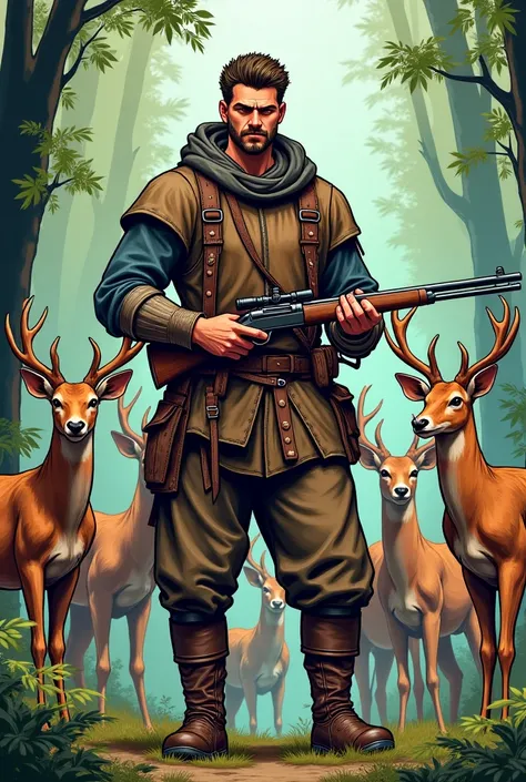 Human hunter with deer around him, Who holds a hunting rifle, In comic style medieval 