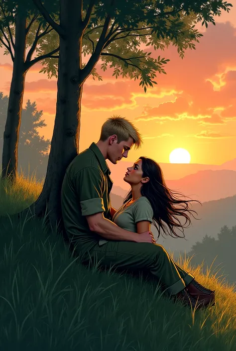 Create the image of a blond haired soldier and a young woman with dark and long hair lying on the grass under a tree on top of a hill watching the sunset