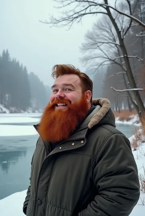 Handsome guy plump in winter red beard with smiling
In winter near a frozen lake 