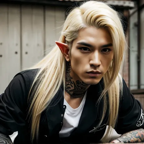 1 male elf,  Japanese man elf, male, Asian eyes, muscular, broad shoulders, yakuza tattoos, hairstyle Visual Kei style, hair Visual Kei, black men's shirt and black pants, ultra detailed face and eyes, hyperrealistic, realistic representation, long hair, l...