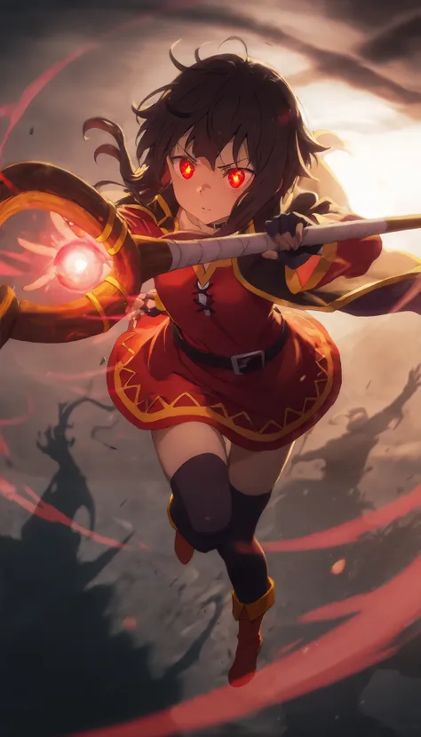 (1girl,megumin,bright red glowing eyes,eye aura trail,motion blur,dynamic pose,epic,magic,staff,silhouette,(best quality,4k,8k,highres,masterpiece:1.2),ultra-detailed,,vibrant colors,dramatic lighting,fantasy scene