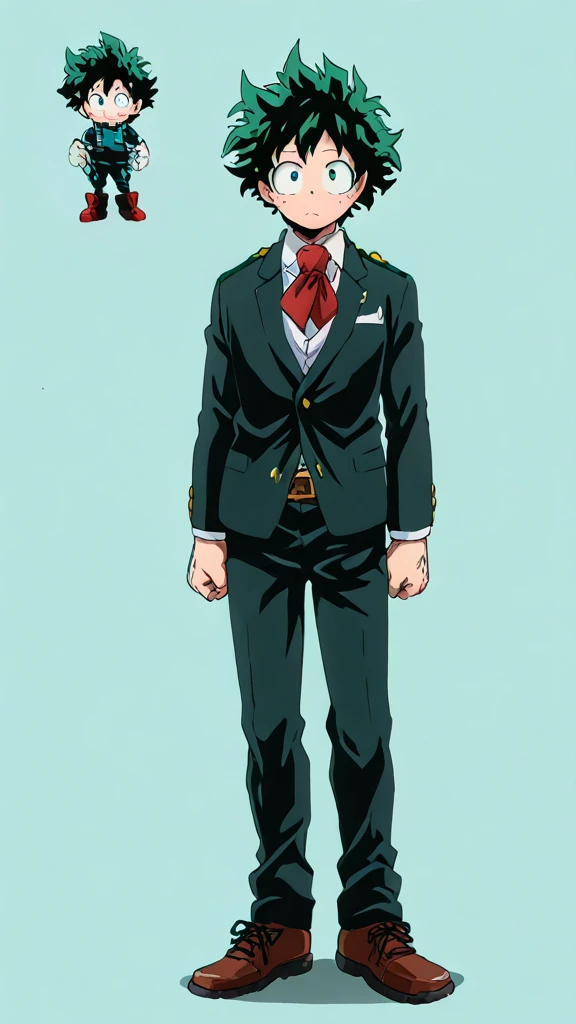 Character design, ((simple black suit)), ((full shoot)),((full body)), Midoriya Izuku, 20 years old,