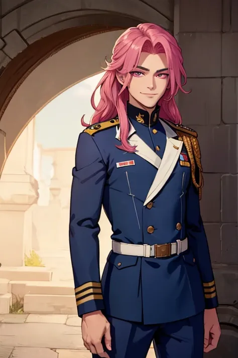 Perfect face. Perfect hands. A handsome pink haired man with violet eyes and long hair in a military uniform is smiling while surveying a potential battlefield