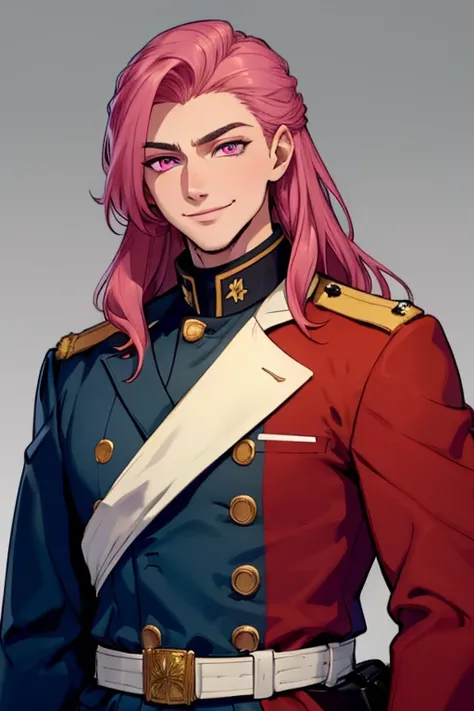 Perfect face. Perfect hands. A handsome pink haired man with violet eyes and long hair in a military uniform is smiling while surveying a potential battlefield