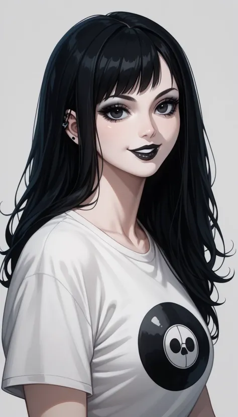 Beautiful white goth woman ,  pale skin,  half short and messy black hair, black eyes and lips , Black Lipstick, wearing a Flamengo shirt, wearing ankh ,  smiling,  anime style , TV anime