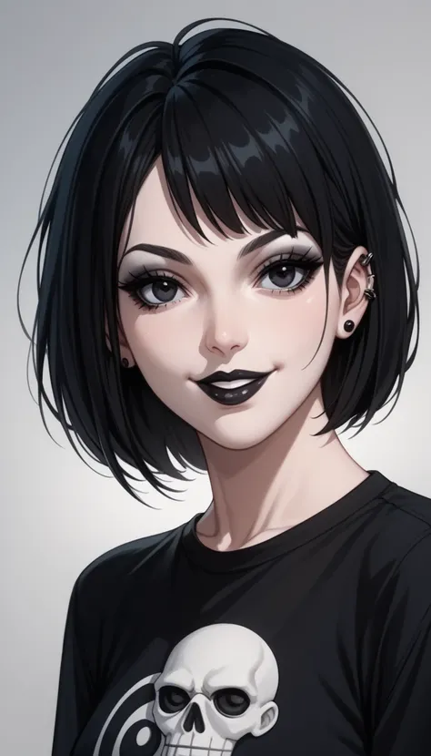 Beautiful white goth woman ,  pale skin,  half short and messy black hair, black eyes and lips , Black Lipstick, wearing a Flamengo shirt, wearing ankh ,  smiling,  anime style , TV anime