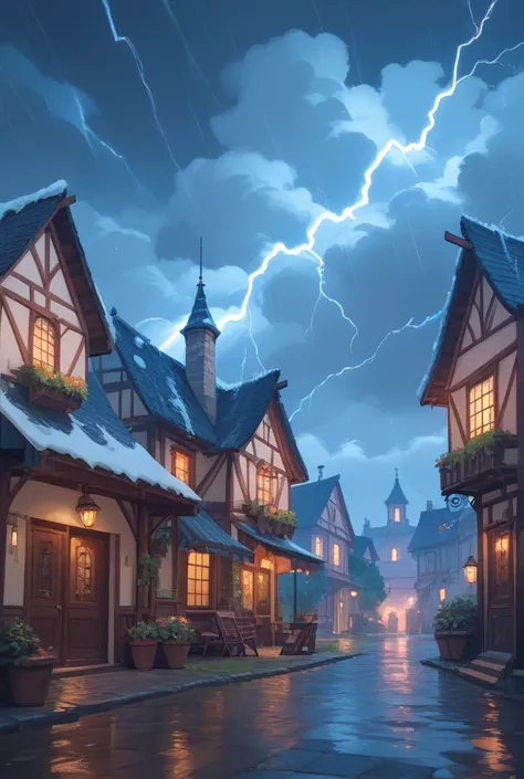 A thunderstorm in the village with lightning 