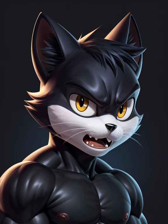 

Felix the Cat (series), Felix the Cat,  , domestic cat ,  mammal ,  anthropomorphic,  black body, black fur, black nose,  Looking at the viewer , a male, ,  simple background, Solo portrait ,  muscles grow 2 ,  scared by my body 1,