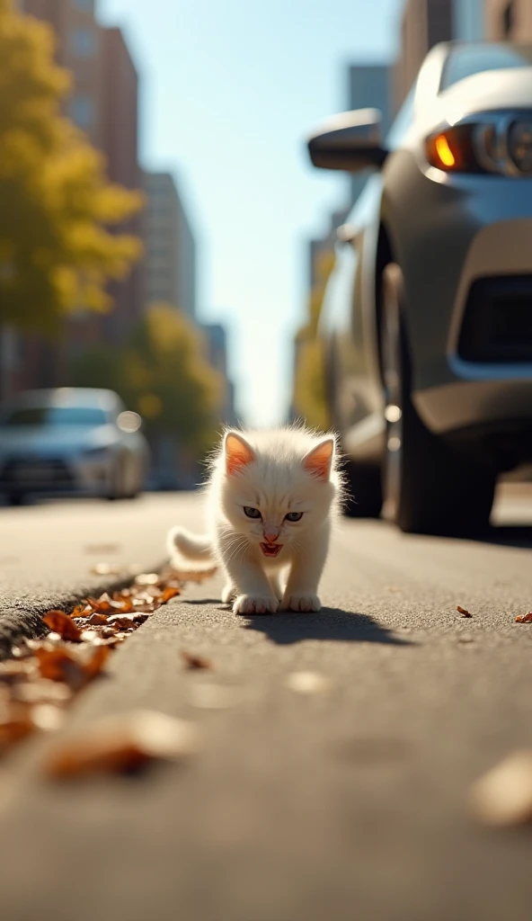 photography realistic A small, white kitten with soft, fluffy fur walks along a sunlit road in the middle of a busy city. The bright blue sky stretches overhead, and the warm sunlight makes the kitten’s fur almost glow. It is nibbling on a small scrap of f...