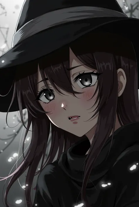 Brown-haired witch ,  opening her eyes with difficulty after being hit hard.  Black and white anime style  