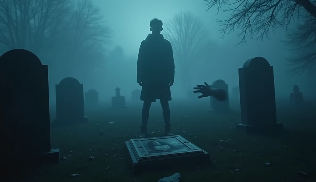 "A dreamlike scene with a young man (Ali) standing in a foggy graveyard at midnight. In front of him is an old portrait of a missing girl lying on a tombstone. A mysterious hand reaches out from the shadows, but Ali is unable to move. The atmosphere is eer...