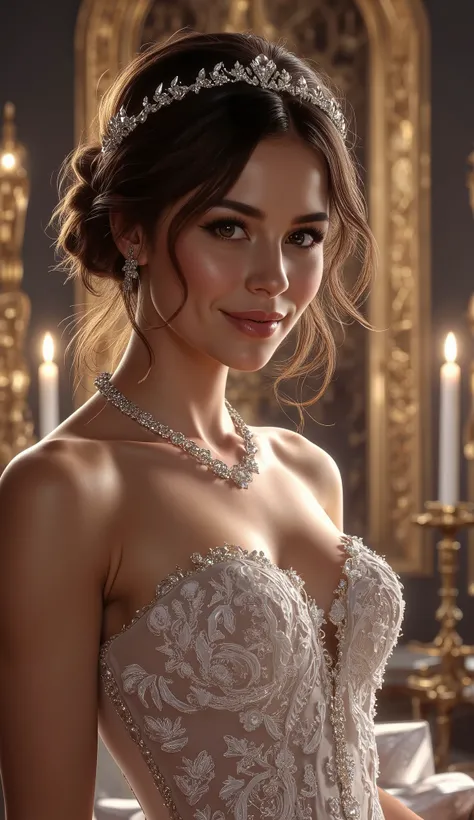 (((best quality))),(((ultra detailed))),(((masterpiece))),illustration,a girl,slim,bun,alluring,sexy,charming,smile,crystal necklace,white lace wedding dress, big breasts, hourglass figure, Set the scenario in a luxury church full of gold details, night sc...