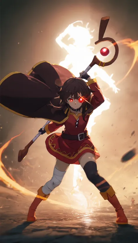 (1girl,megumin,bright red glowing eyes,eye aura trail,motion blur,dynamic pose,epic,magic,staff,silhouette,(best quality,4k,8k,highres,masterpiece:1.2),ultra-detailed,,vibrant colors,dramatic lighting,fantasy scene,(maga suprema),mini tanga