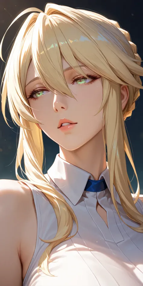 Masterpiece, very aesthetic, vibrant, high contrast, elegant mature woman, artoria pendragon (lancer) (fate), upper body, curvaceous,sleeveless collared shirt, seductive, parted lips, soft light, best quality, semrealistic, honkai: star rail cg style